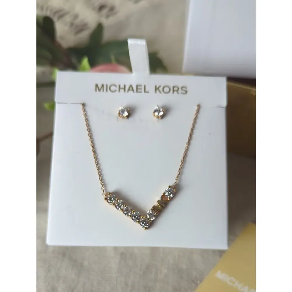 Michael Kors Rose Gold Necklace & Earrings Set  Crystal MK Pendant Jewelry